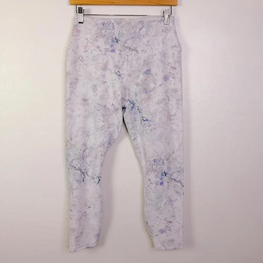 RBX Tie Dye Marble Print High Waisted Cropped Leggings White Workout Size Large